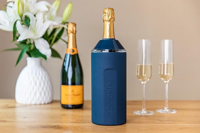 Vinglacé Wine Bottle Chiller- Portable Champagne Insulator- Stainless Steel Wine Cooler Sleeve - Keeps Wine Cold (Navy)
