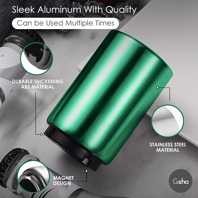 GOCHA | Magnetic Beer Bottle Opener with Automatic Cap Catcher – Stainless Steel Push-Down Gadget, One-Hand Bar Tool for Beer & Soda Bottles (Green)