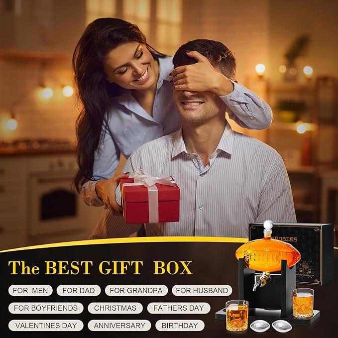 Football Whiskey Decanter Set for Men, 47oz Liquor Decanter Set with 2 Glasses + 2 Footballs Chillers, Gifts for Dad, Husband, Boyfriend, Coach, for Liquor, Bourbon, Scotch, Vodka