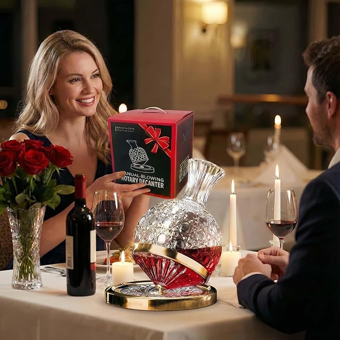 Crystal Red Wine Decanter Set - 360° Rotating Wine Aerator Carafe Soccer Design, 1.5L Hand-Blown Crystal Glass Wiskey Decanter with Gift Box, for Wine Lovers & Soccer Fans (Silver)