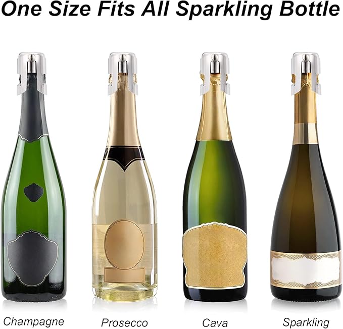 OWO Champagne Bottle Stoppers Stainless Steel, Reusable Champagne Cork & Saver Stopper, Leak Proof Prosecco & Sparkling Wine Plug, Bubble Retention Protection（Silver, 2 Pack）