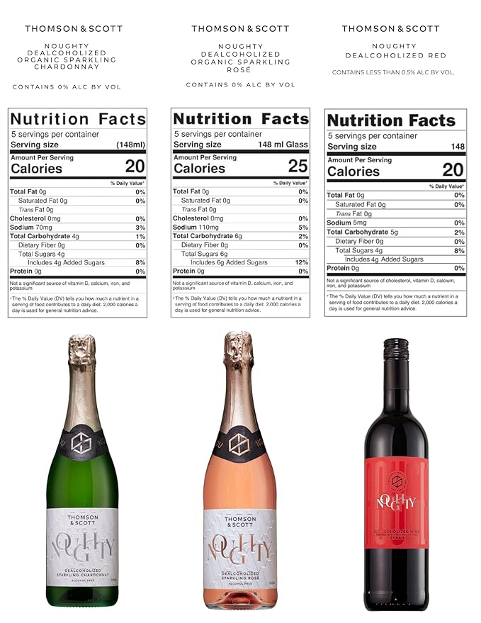 Thomson & Scott Noughty Non-Alcoholic Sparkling Wine Sampler, Rosé Style, Chardonnay Style & Red Blend, Organic Alcohol-Free Drinks, 750ml Bottles, 3 Pack