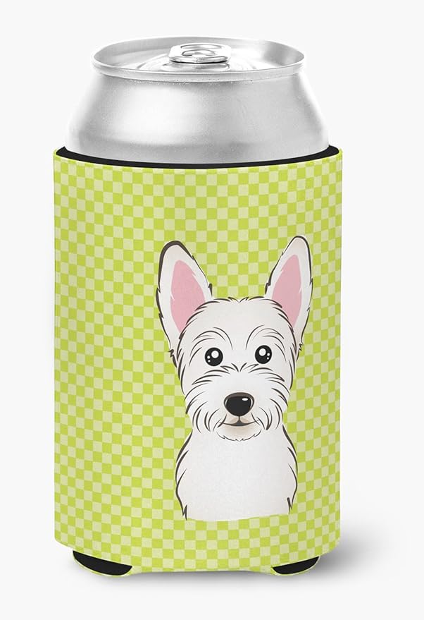 Caroline's Treasures BB1288CC Checkerboard Lime Green Westie Can or Bottle Hugger Cooler Washable Drink Sleeve Collapsible Beverage Insulated Holder, Can Hugger, Multicolor