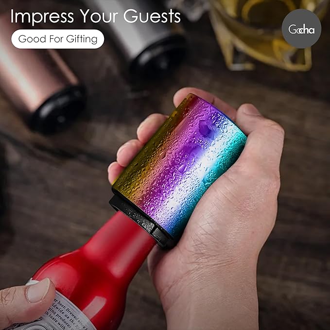 GOCHA | Magnetic Beer Bottle Opener with Automatic Cap Catcher – Stainless Steel Push-Down Gadget, One-Hand Bar Tool for Beer & Soda Bottles (Rainbow)
