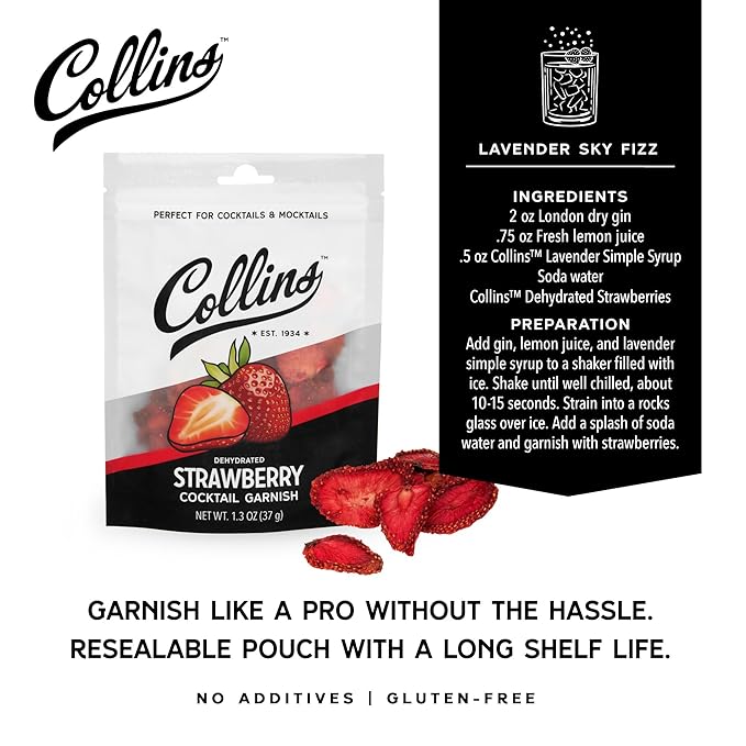 Collins Dehydrated Strawberry Cocktail Garnish Slices, 1.3 oz – Perfect for Strawberry Gin Fizz, Spritzes & Desserts – Premium Drink & Food Garnish – 1.3 oz