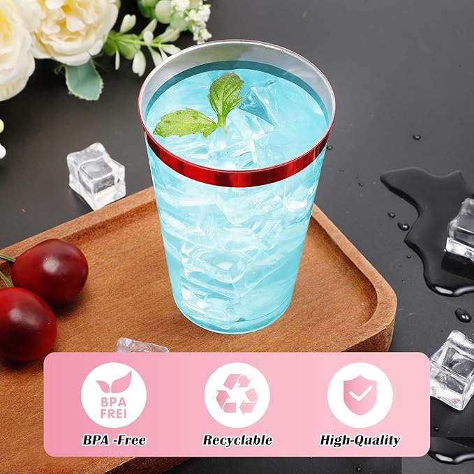 100 Pcs Red Plastic Cups,12 oz Red Rimmed Plastic Cup,Disposable Wine Glasses,Elegant Cocktail Drinking Cup, Clear Party Cups for Wedding Birthday Family Gatherings Holiday