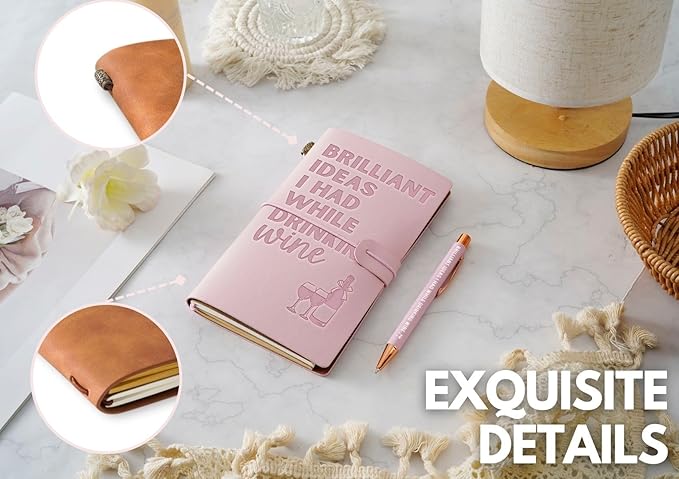 Wine gifts Leather Journal Notebook with Pen, for Wine Lovers, Men, Women on Birthday, Refillable Sketchbook, Travel Diary, Lined Planner, 7x5 Inches, Pink - Brilliant Ideas - Leather embossing