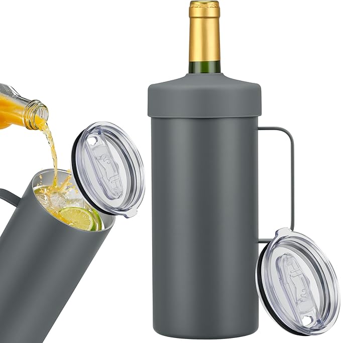 MAXSO 42oz Wine Chiller Iceless Cooler Tumbler - Gift for Wine Lovers, 2-IN-1 Stainless Steel Vacuum Insulated Bucket Portable Mug Cup Wine Accessory Keep Cold, Fit Most 750ml Wine & Champagnes, Grey