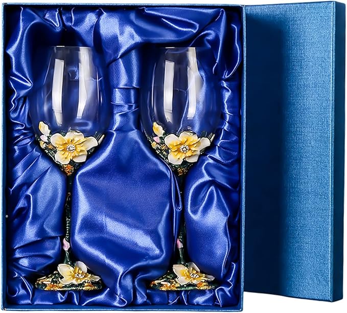 Wine Glasses Clear Handcrafted Champagne Glasses Enamel Apricot Blossom Wine Glass (Golden /2 set(gift box))