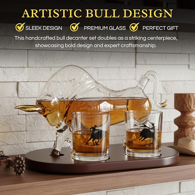 Gifts for Men Dad, Horse Whiskey Decanter Set - Cowboy & El Matador Bull Decanter Set, 33.8oz + 10.1oz Glasses - Western Home Bar Decor Centerpiece, Alcohol Gift for Boyfriend, Husband Birthday Gifts