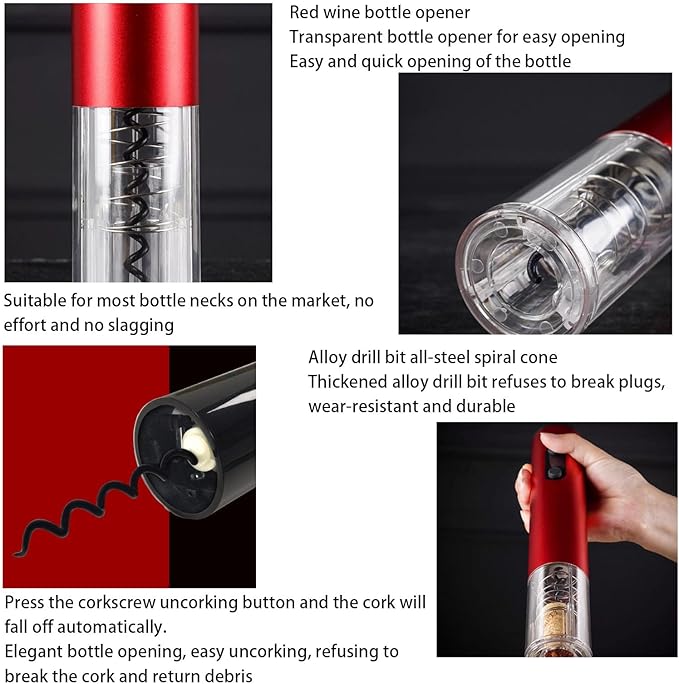 Electric Wine Opener, Battery Operated Wine Bottle Openers One-click Button Reusable Automatic Wine Corkscrew Remover for Wine Lovers Gift Home Kitchen Party Bar Wedding,Red