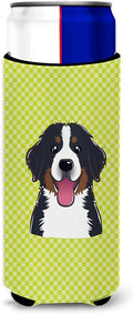Checkerboard Lime Green Bernese Mountain Dog Ultra Beverage Insulators slim cans
