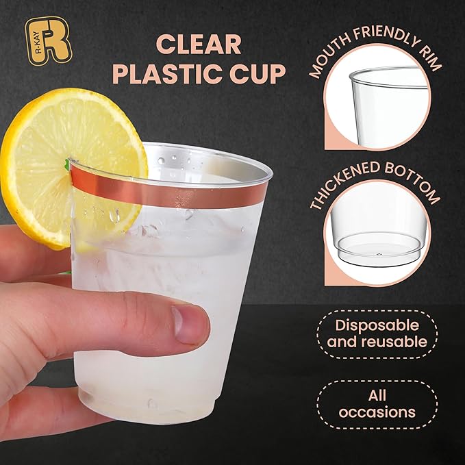 R-kay Rose Gold Plastic Cups, Heavy Duty 10 OZ Disposable cups, Plastic cocktail Glasses (Rose Gold)