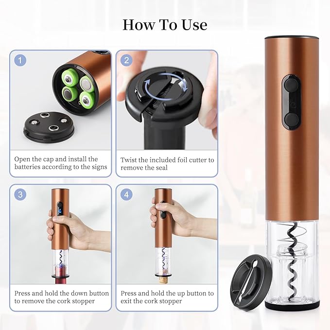 Battery Operated Electric Wine Opener by ELMWAY - Stainless Steel Electric Corkscrew with LED Light & Foil Cutter, Simple Push-Button Operation for Wine Lover (Rose Gold, 4 x AA Not Included)