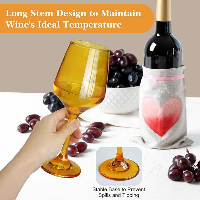 Amber Wine Glasses Set of 6, 14oz Stemmed Glasses, Thick & Colored, Dishwasher Safe Stemware for Red or White, Gift for Party, Holiday, Anniversary, Restaurant, Home Bar, Daily Use