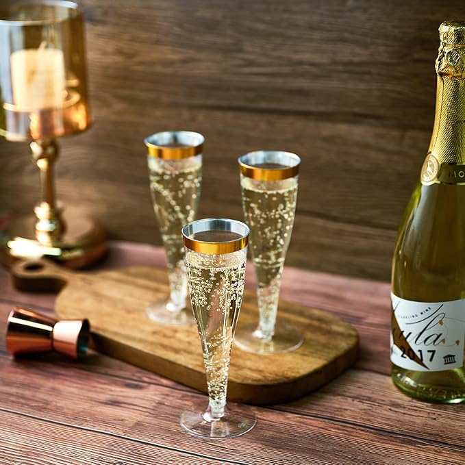 FOCUSLINE 100 Pack Plastic Champagne Flutes, 4.5 Oz Gold Rim Plastic Champagne Glasses, Disposable Clear Toasting Glasses Recyclable Champagne Cups for Wedding Party