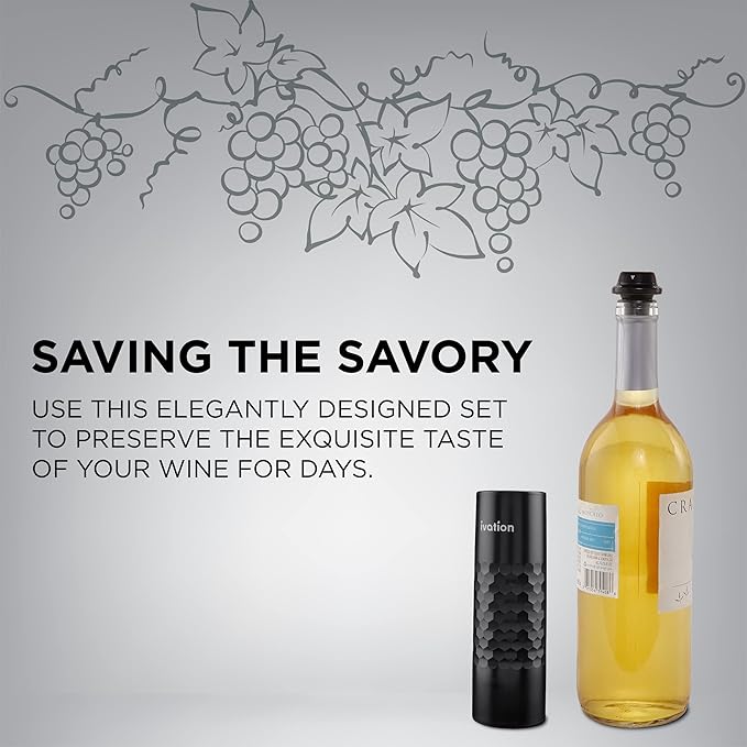 Ivation Rechargeable Wine Saver Pump with Reusable Stoppers, 6-Piece Wine Saver Preserver Gift Set with Automatic Vacuum Pump Sealer, USB Charger & 4 Universal Bottle Plugs