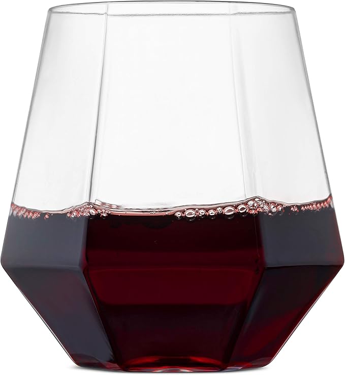 Munfix Plastic Stemless Wine Glasses 32 Pack - Diamond Shaped Unbreakable Disposable 12 Oz Clear Plastic Wine Champagne Whiskey Cups, Shatterproof Recyclable and BPA-Free