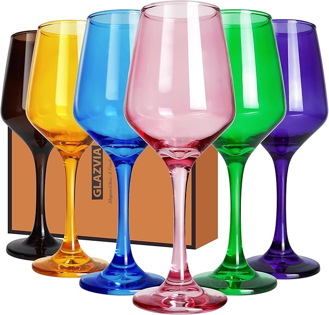 Multi Colored Wine Glasses Set of 6, 14oz Stemmed Glasses, Thick & Colorful, Dishwasher Safe Stemware for Red or White, Gift for Party, Holiday, Anniversary, Restaurant, Home Bar