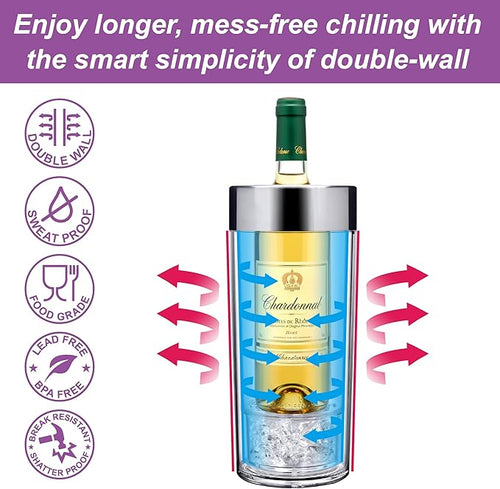 Amazing Abby - VinoChill - Acrylic Double-Wall Wine Chiller with Ice Chamber, Clear Plastic Insulated Champagne Bucket with Enhanced Cooling Bottom, Great for Party, Dinner, and Outdoor Entertaining