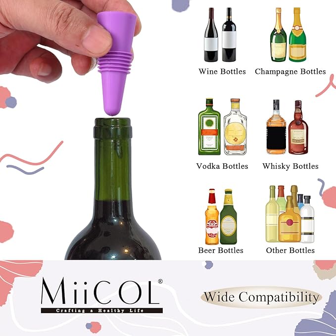 Miicol 8 Pack Silicone Wine Stoppers, Reusable Leak-Proof Bottle Stoppers for Wine, Champagne, Beverages, Multicolor Gift for Wine Lovers