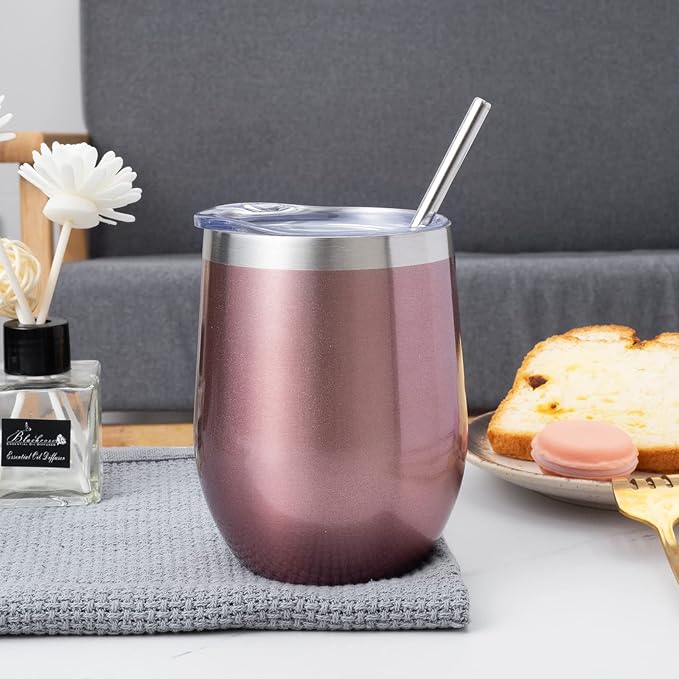 12 oz Insulated Wine Tumbler with Lid and Straw,Stainless Steel Stemless Wine Tumbler Glasses Double Wall Vacuum Wine Cups Bulk for Coffee,Champaign,Cocktail,Office(Rose Gold,4)