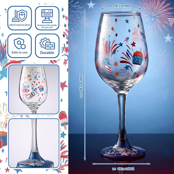 SiliFine 4 Pcs Patriotic 4th of July Stemmed Wine Glasses Hand Painted USA American Fireworks Star Drinking Cup Wine Glasses Gifts for Independence Day Birthday Theme Holiday Party Supplies