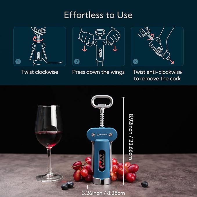 KITCHENDAO Luxury 3 in 1 Wine Opener with Foil Cutter, Beer Bottle Opener, Sturdy Zinc Alloy Wing Corkscrew with Self-centering Non-stick Sharp Screw, Easy to Remove Cork, Manual Corkscrew (Blue)