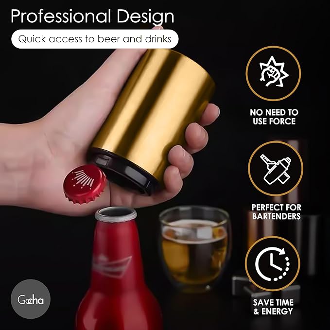 GOCHA | Magnetic Beer Bottle Opener with Automatic Cap Catcher – Stainless Steel Push-Down Gadget, One-Hand Bar Tool for Beer & Soda Bottles (Gold)
