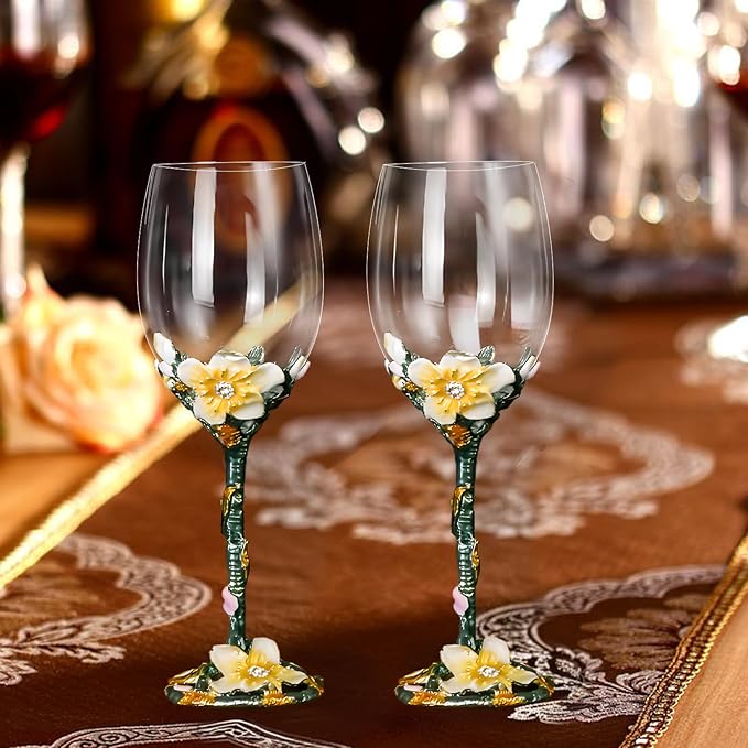 Wine Glasses Clear Handcrafted Champagne Glasses Enamel Apricot Blossom Wine Glass (Golden /2 set(gift box))