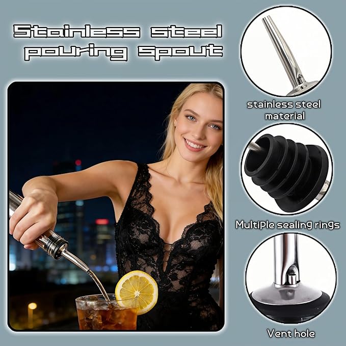 4-Pack Stainless Steel Wine & Oil Bottle Pourer Set - Precision Flow Control Spout with Anti-Drip Seal & Dust Cap for Liquor, Vinegar, Olive Oil - Bar Kitchen Tool by Yayaboqu