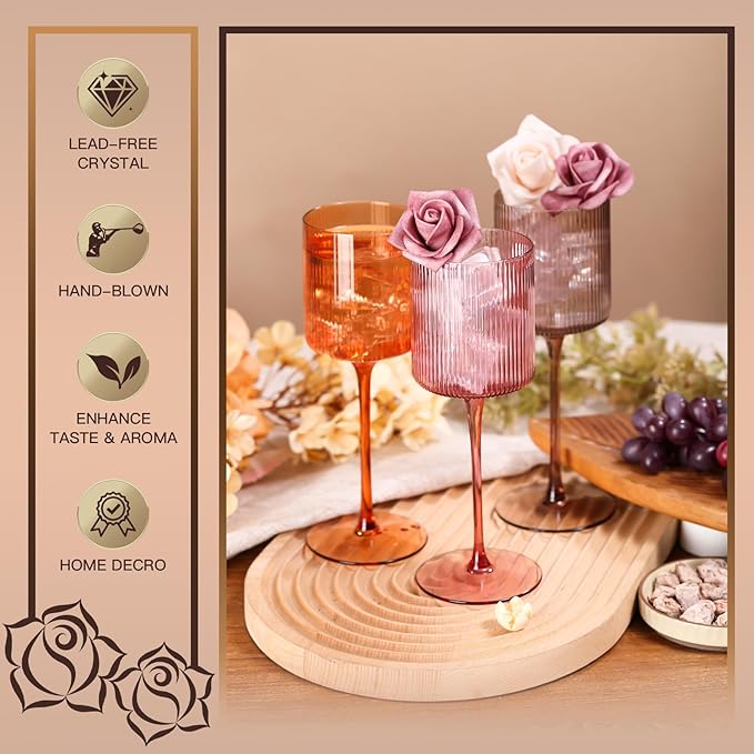 Colored Square Wine Glasses Set of 6, Elegant Ribbed Design Colorful Crystal Glassware with Long Stem, 11.5oz Hand Blown Stemware For Red & White Wine Home Bar Party- Multicolour