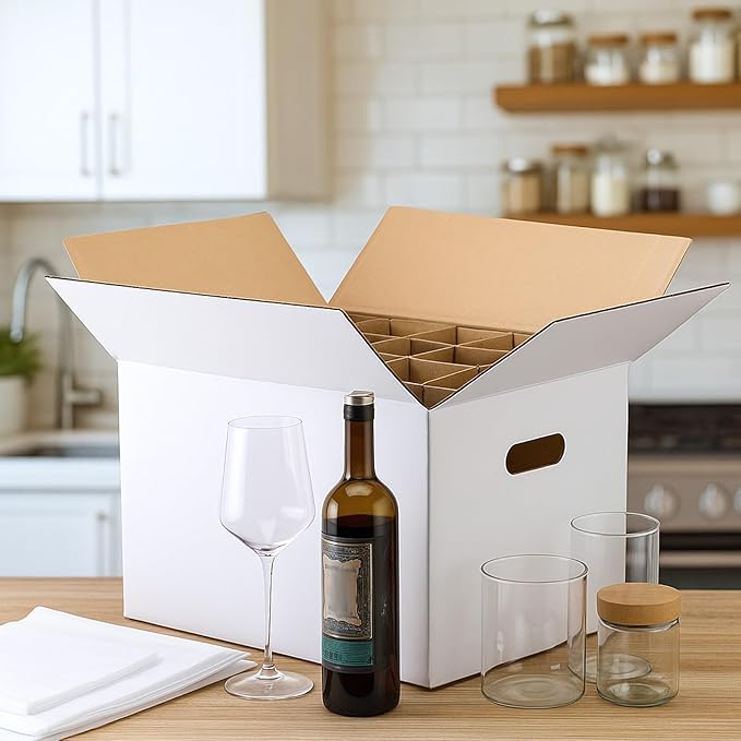 MotiMind 4 Sets Wine Glass Moving Boxes with Divider Kitchen Moving Boxes 15 x 12 x 10 Inches Glassware Packing Box with 18 Foam Pouches for Glasses Packing Supplies