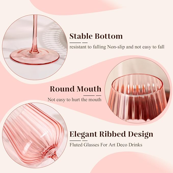 Pink Ribbed Wine Glasses Set of 4-20oz Hand-Blown Fluted Glassware, Lead-Free Crystal Vintage Ripple Texture Red Wine Glasses, Perfect Gifts for Weddings, Birthday, Special Occasions