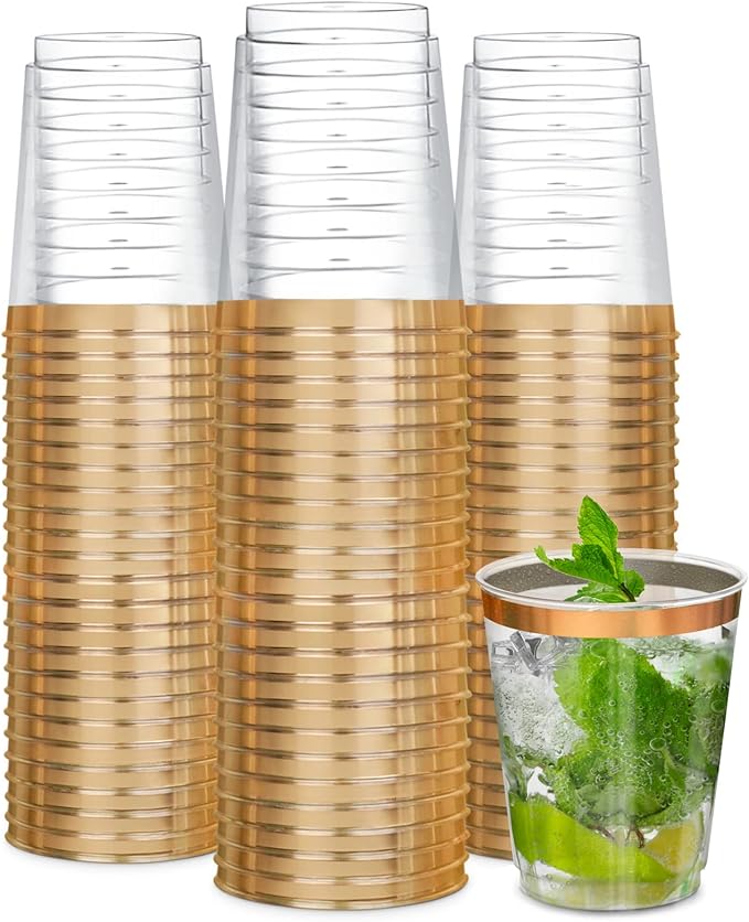 R-kay Gold Plastic Cups, Heavy Duty 10 OZ Disposable cups, Plastic Cocktail Glasses For Party, 50 Pack Disposable Cocktail Glasses (50, Gold)