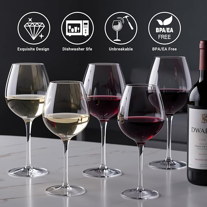 MICHLEY Unbreakable Red Wine Glasses 17 oz, Tritan Plastic Reusable Stemware for Indoor and Outdoor Use, Set of 2