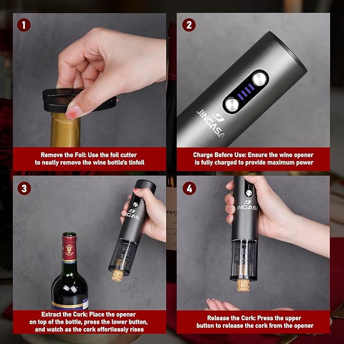 JINGASA Electric Wine Opener with Automatic Corkscrew & Foil Cutter – Rechargeable Type-C Corkscrew Bottle Opener for Home, Kitchen & Party, Black,1 Pack