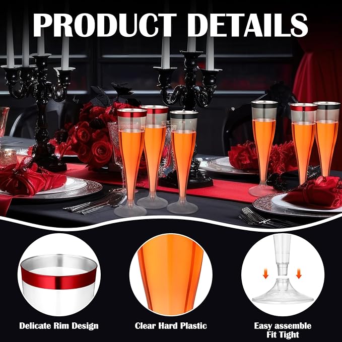 Jingmore 36 Pcs Plastic Champagne Flutes 4.5 oz Clear Disposable Wine Glasses Cocktail Cup Champagne Glass for Wedding Graduation Summer Party Favor Mimosa Bar Supplies (Black,Red)