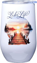 Spoontiques Lake Life Stainless Steel Tumbler - Insulated Wine Tumbler with Lid – Double Wall Stainless Steel Stemless Wine Glass – 16oz - 5 5/8" Tall
