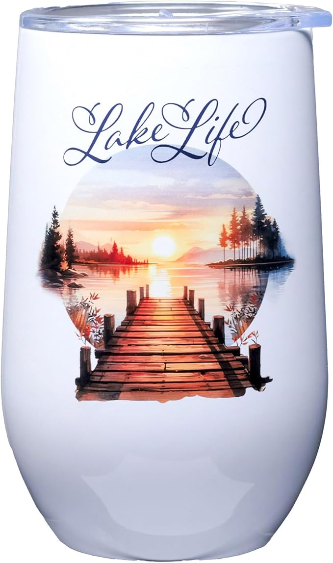 Spoontiques Lake Life Stainless Steel Tumbler - Insulated Wine Tumbler with Lid – Double Wall Stainless Steel Stemless Wine Glass – 16oz - 5 5/8" Tall