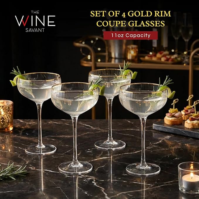 Gold Rim Coupe Glasses 11 oz, Set of 4 Classic Manhattan Glasses - Martini, Cocktails, Champagne, Wine & Water, Coupes Gilded Rimed, Crystal Stemmed, Short Stem Sets Perfect for Drinking Champagne