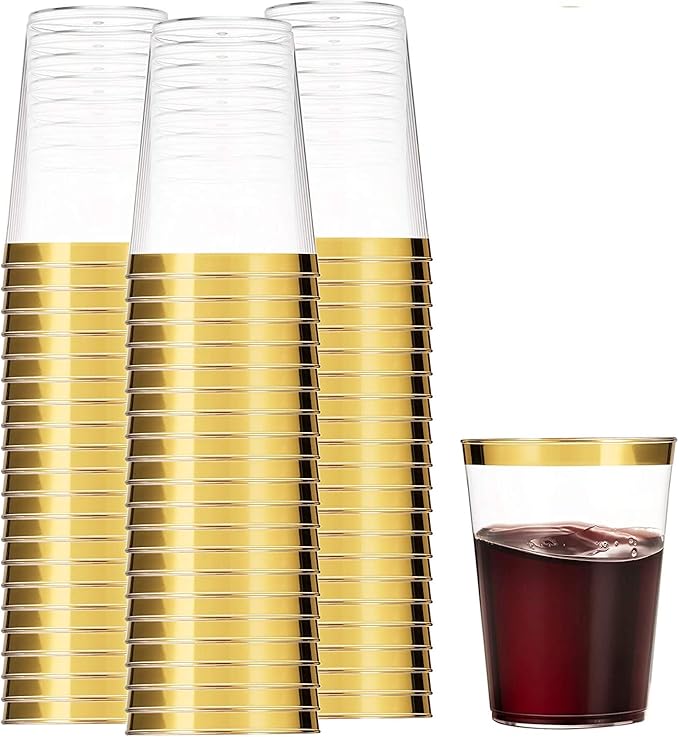 Munfix 100 Gold Plastic Cups 14 Oz Clear Tumblers Gold Rimmed Fancy Disposable Wedding Elegant Party Cups with Gold Rim