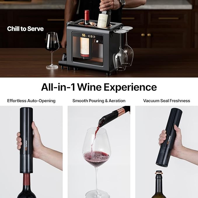Ca'Lefort Electric Wine Chiller - 46-64°F Wine Cooler for 2 Standard Bottles (3.6" Dia.), All-in-1 Set Electric Opener & 2 Glasses, Perfect for Red, White, Champagne at Home/Office, Gift for Men Women