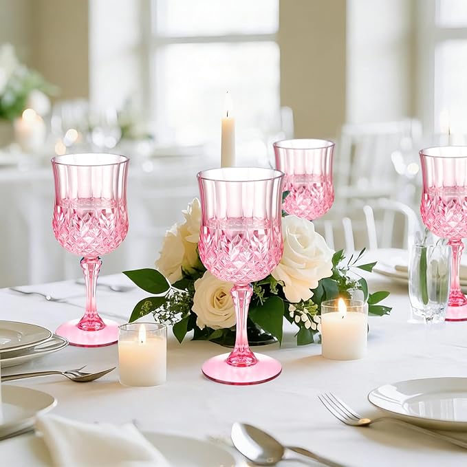7OZ Plastic Wine Glasses, Disposable Goblets Drinking Glasses Crystal Vintage Water Cups Unbreakable Champagne for Wedding, Parties, Valentine's Day (Pink)