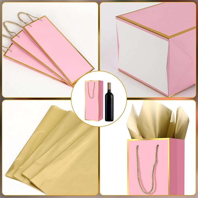 TaoBary 30 Pcs Wine Gift Bags and Gold Wrapping Paper Set Wine Bags for Bottle Bulk 4 x 5 x 13 Inch Champagne Gift Paper Sack with Handles for Valentines Galentines Day Wedding Party Anniversary