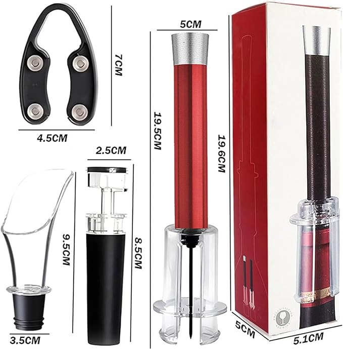 1 Wino on the Go Lovers Gift Set, 4-in-1 Wino on the Go Set, With Air Pressure Pump, Foil Cutter, Wine Pourer & Vacuum Stopper, Efficient Corkscrew Bottle Opener for Home Bar(Red)