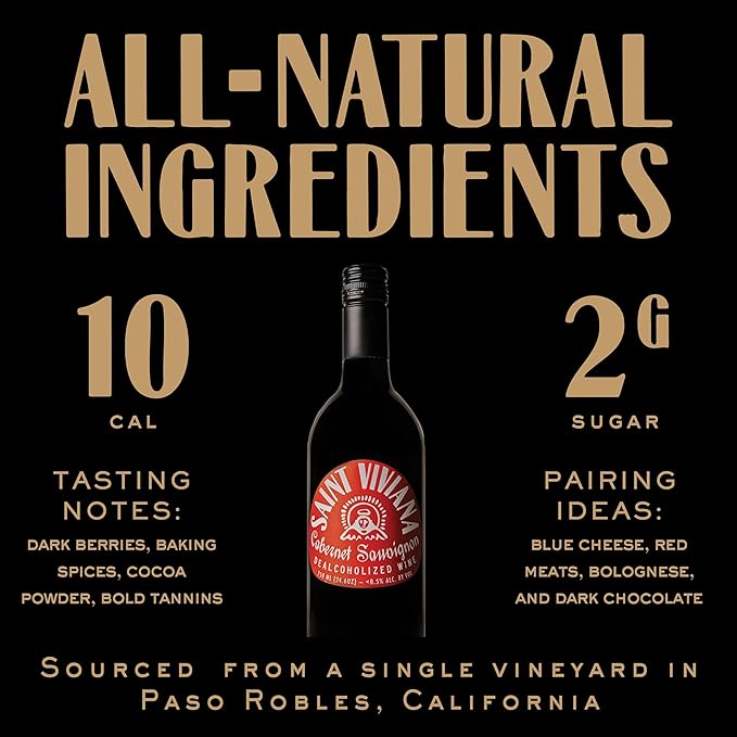 Saint Viviana Non-Alcoholic Cabernet Sauvignon, Non Alcoholic Red Wine, Gluten Free, Low Sugar, Zero Proof, California Dealcoholized Wine, Blackberry, Plum, Coffee & Vanilla Notes, 24.6 fl oz Bottle