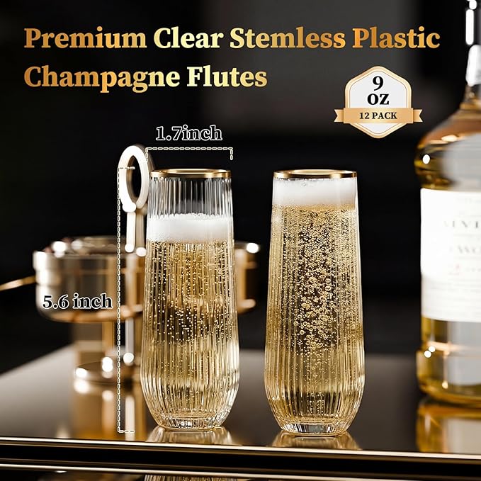 GuanQiao 12 Pack Stemless Plastic Champagne Flutes with Gold Rim, 9oz Ribbed Disposable Champagne Glasses, Heavy Duty Shatterproof Mimosa Glasses for Wine Wedding Bridal Shower Party Supplies Birthday