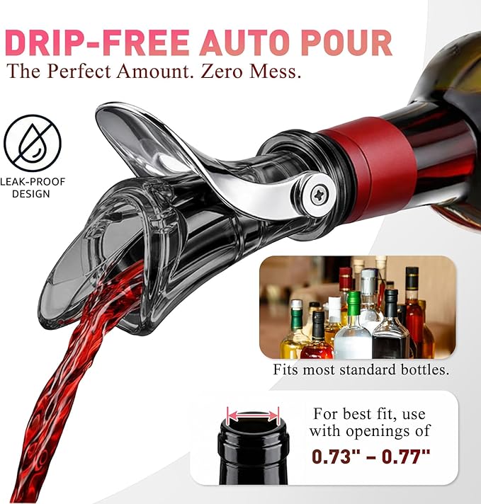 IOV Wine Pour Spout, Upgraded Sealing Liquor Bottle Pourers, Auto Flip Olive Oil Dispenser Spout, Pourer with Dust Caps for Alcohol, Vinegar and Syrup, No-Drip Wine accessories, Black