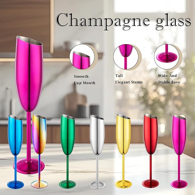 Champagne Flutes Set of 2, Premiumty Stainless Steel High Footed Champagne Glasses, 7oz Capacity,Unbreakable Slanted Champagne Glasses